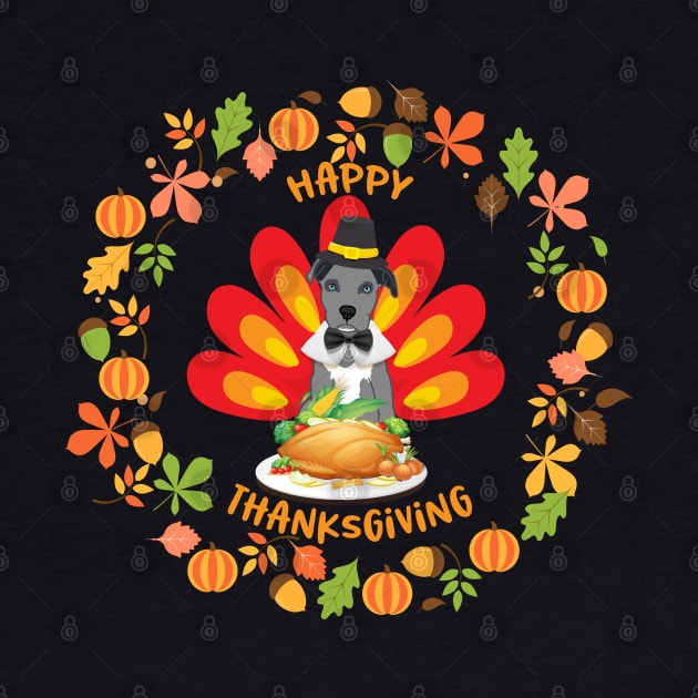 Happy Thanksgiving Blue Nose Pitbull Pup Turkey Fall Leaves by Rosemarie Guieb Designs